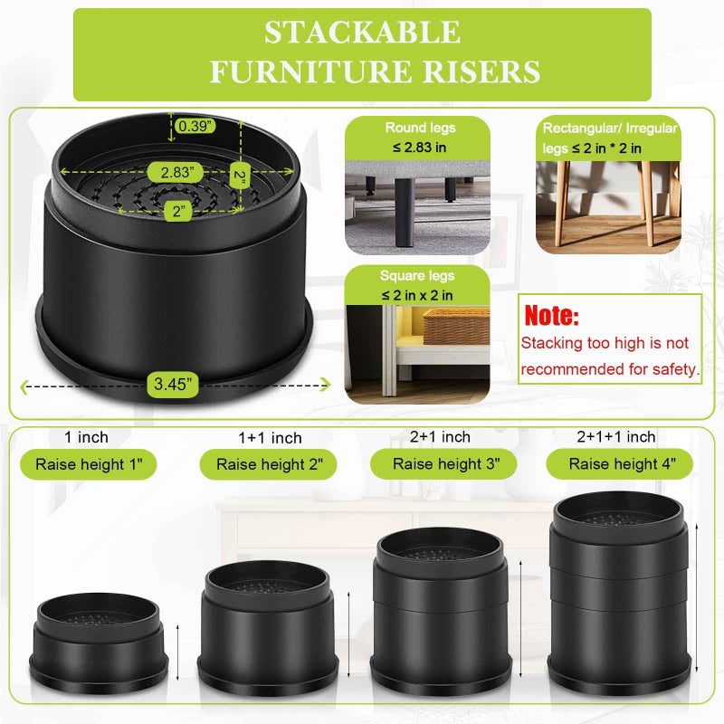 Yookwutar 4 Pack Furniture Risers 2 Inch, Adjustable Bed Risers Heavy Duty for Table Desk Couch Chair Sofa Cabinet Bed Frame Dorm, Round Stackable Table Leg Risers Lift Height 2"" or 4"", Black - Image 2
